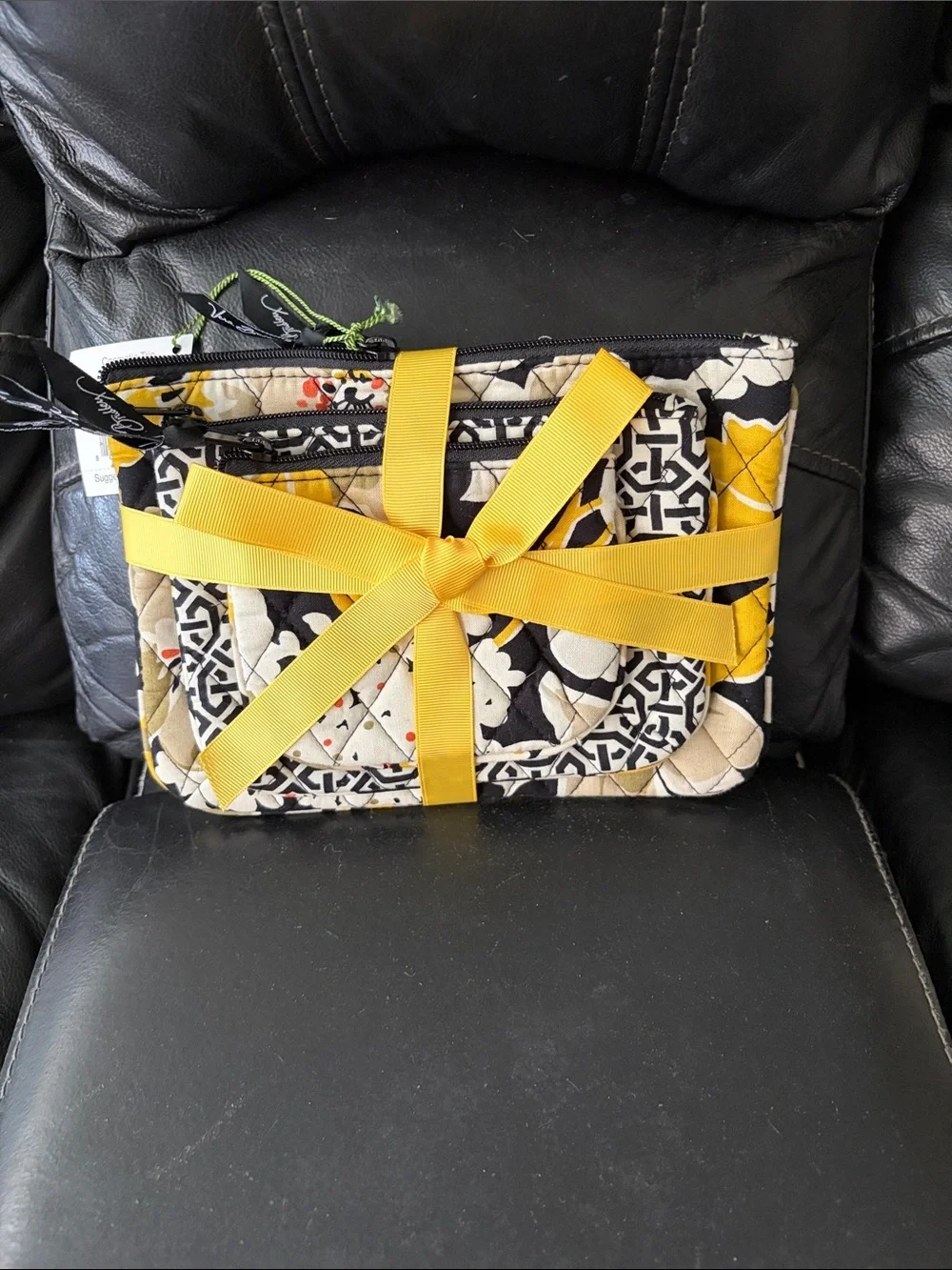 Vera Bradley Quilted Floral Wristlet in Black, Yellow & Cream